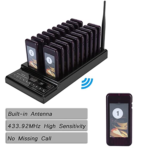 Drahtloses Warteschlangen-Anrufsystem, Restaurant-Pager-System mit 20 Pagern, Eingebaute Antenne, Vibration, Bee Cue, Vibration + Bee Cue 3 Modi, 999-Kanal-Tastatur-Ruftasten-System (EU-Stecker) von Jectse