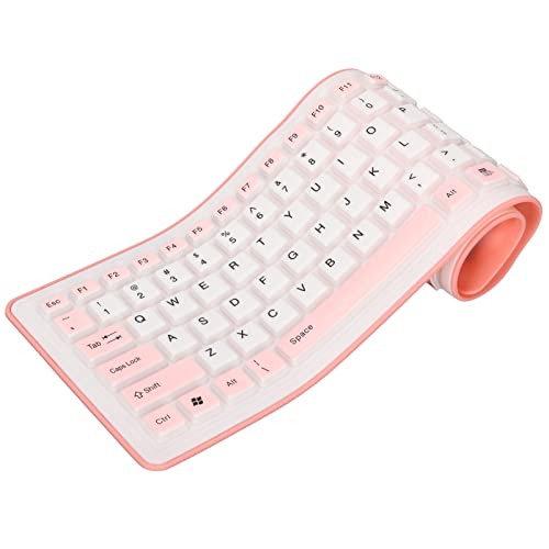 Faltbare Silikon-Tastatur, 103 Tasten, USB-Kabel, wasserdichte Rollup-Tastatur, Leise, Ergonomische Computertastatur für PC, Notebook, Laptop(Rosa) von Jectse