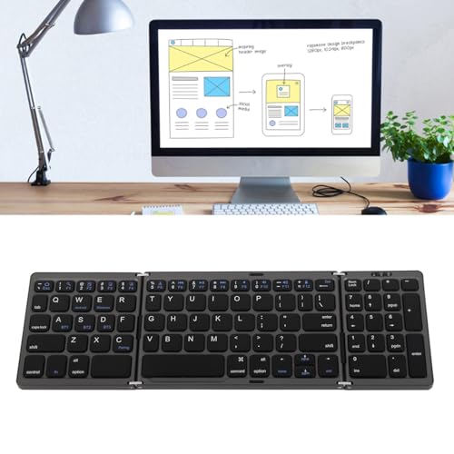 Jectse Dreifach Faltbare -Tastatur, Verbindung Mehrerer Geräte, Kabellose Tastatur für Laptop-Tablet-Telefon mit Verdeckter Struktur, Scherenschaltertasten, Verbindung (Grau schwarz) von Jectse