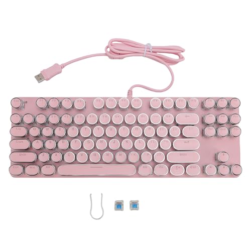 Jectse Mechanische Gaming-Tastatur Im Schreibmaschinenstil, 87 Tasten, Blaue Schalter, Retro-Tastatur mit Runden Tastenkappen und RGB-Hintergrundbeleuchtung, Hydrophobes Loch (Rosig) von Jectse