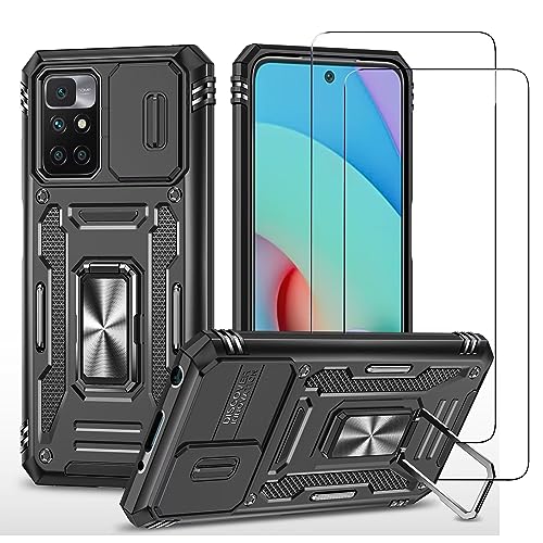 ESONG Case for Xiaomi Redmi 10 4G/Redmi 10 2022,Military Grade Protection Phone Case with Slide Camera Cover/rotation Magnetic Ring Stand/2 Tempered Glass Screen Protectors,Shockproof Protective-Black von Jeelar