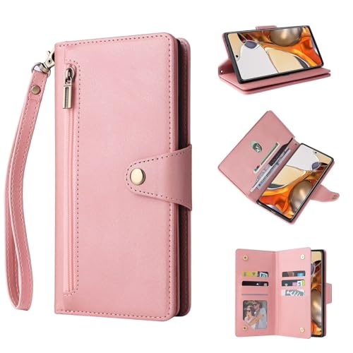 ESONG Geldbörsen Handyhülle für Xiaomi Redmi Note 13 Pro 5G,PU Leder Reißverschluss klappbar Schutzhülle mit Kartenfächern/Stand/Magnetverschluss/Handschlaufe/Handgelenkschlaufe -Rosa von Jeelar