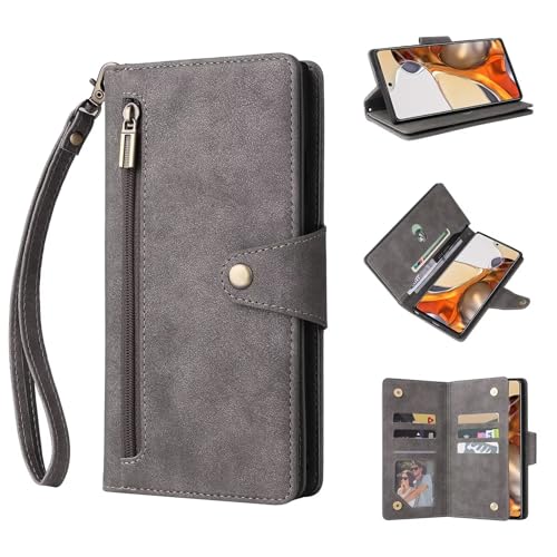 ESONG Geldbörsen Handyhülle für Xiaomi Redmi Note 13 Pro 5G,PU Leder Reißverschluss klappbar Schutzhülle mit Kartenfächern/Stand/Magnetverschluss/Handschlaufe/Handgelenkschlaufe -grau von Jeelar