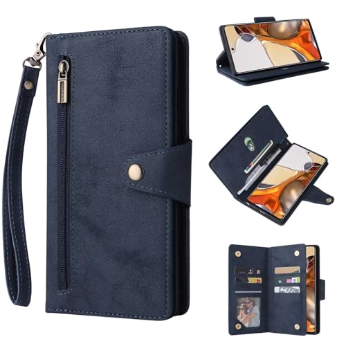ESONG Geldbörsen Handyhülle für Xiaomi Redmi Note 14 Pro 5G/14 Pro+ 5G,PU Leder Reißverschluss klappbar Schutzhülle mit Kartenfächern/Stand/Magnetverschluss/Handschlaufe/Handgelenkschlaufe -Blau von Jeelar