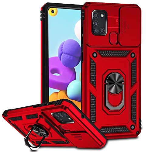 ESONG Handyhülle für Samsung Galaxy A21s Ständer Hülle,[360 Grad Metall Ring Drehung Halter][Kameraschutz ],Militär Handy Stoßfeste Handytasche Case Outdoor Schutzhülle Cover,Rot von Jeelar