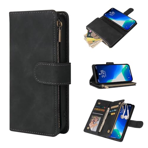 ESONG Handyhülle für Samsung Galaxy s10+ Plus,360 Grad Stoßfest Handytasche Magnetic Klapphülle Case,Schutzhülle mit Reißverschlusstasche/Kartenfach/Handgelenkschlaufe/Ständer-Schwarz von Jeelar