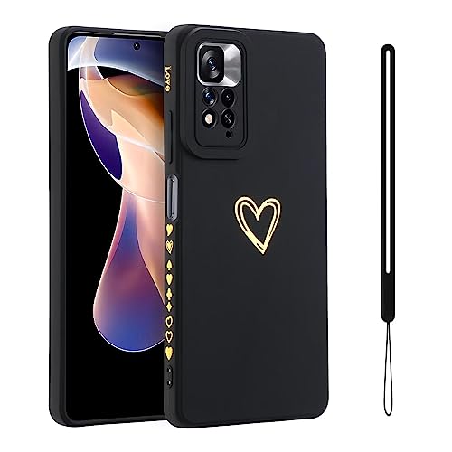 ESONG Handyhülle für Xiaomi Redmi Note 11 4G/11S 4G,UltraDünn Weiche TPU Silikon Telefonhülle Cover mit Süße Liebe Herzform/Handschlaufe,Stoßfest Bumper Schutzhülle Case für Mädchen/Frauen-Schwarz von Jeelar