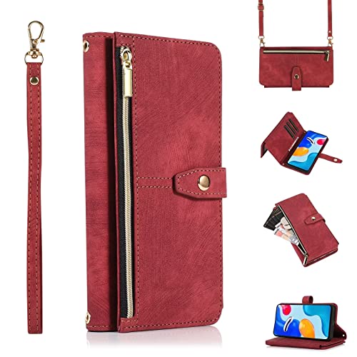 ESONG Handyhülle für Xiaomi Redmi Note 12 Pro 5G Tasche,hulle mit Kartenfach,Schultergurt,Handgelenkschlaufe,Stoßfest Handytasche Magnetic Klapphülle Case,Flip PU Leder Brieftasche Schutzhülle,Rot von Jeelar