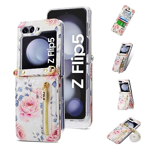 ESONG LederHülle für Samsung Galaxy Z Flip 5 Tasche,Reißverschluss Brieftasche Blumen Muster Schutzhülle mit Band/Kartenfäche/ständer,Wallet Cover Case Stoßfeste Handyhülle für Frau/Damen-Weiss von Jeelar