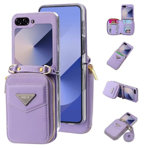 Jeelar ESONG LederHülle für Samsung Galaxy Z Flip 6 Tasche,Reißverschluss Brieftasche Schutzhülle mit Band/Kartenfäche/ständer,Z Flip 6 Wallet Cover Case Stoßfeste Handyhülle für Frau/Damen-Violett von Jeelar