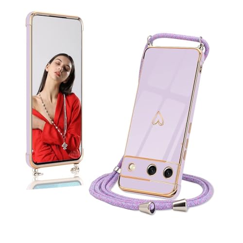 ESONG Schutzhülle für Google Pixel 8 Handyhülle mit Band,Ultra Dünn Stoßfest Case Silikon Bumper Telefonhülle mit Galvanik Herz Love Muster/Kordel zum Umhängen,Frauen Mädchen Handykette-Violett von Jeelar