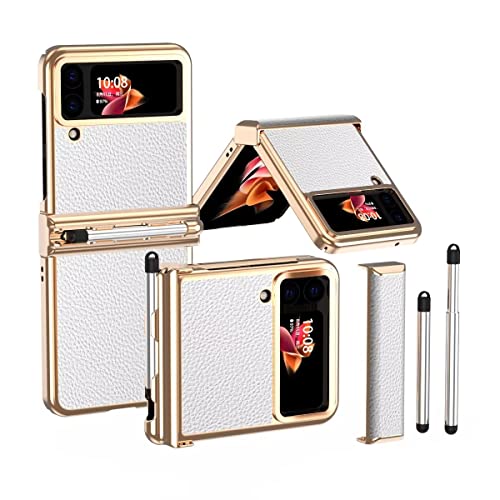 JEELAR Samsung Galaxy Z Flip 4 Hülle,Silikon Stift + Scharnierschutz All-Inclusive-Hülle,Premium Leder case mit Stift berühren/Stifthalter,zusammenklappbare Handyhülle für Samsung Z Flip 4-Weißes Gold von Jeelar