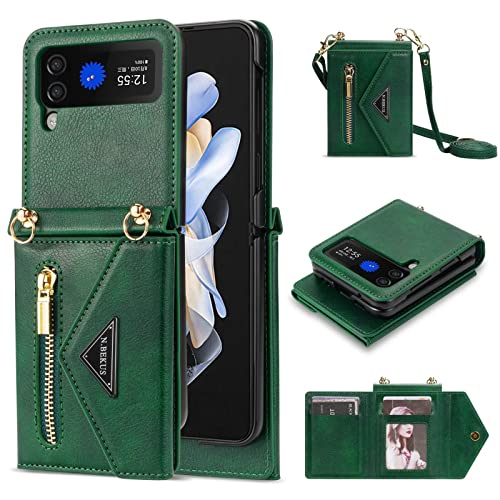 Jeelar ESONG Handyhülle für Samsung Galaxy Z Flip 3,Stoßfest Handytasche Case Cover mit Kartenfach/Ständer,PU Leder Magnetic Hülle,Brieftasche Schutzhülle-Grün von Jeelar