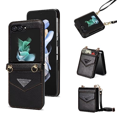 Jeelar ESONG Handyhülle für Samsung Galaxy Z Flip5,Stoßfest Handytasche Case Cover mit Kartenfach/bequemem Schultergurt,PU Leder Hülle,Brieftasche Schutzhülle-Schwarz von Jeelar