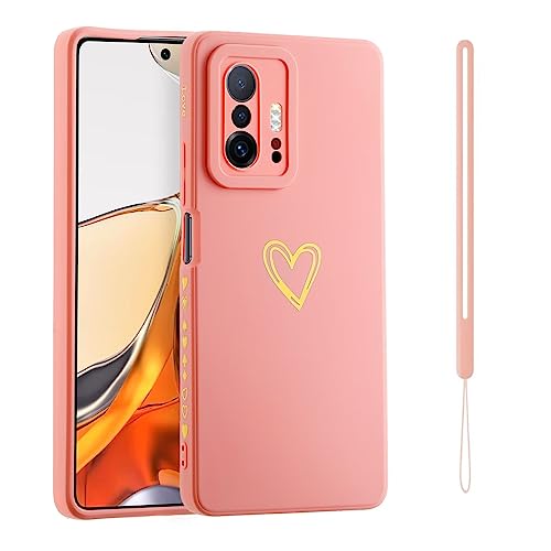 Jeelar ESONG Handyhülle für Xiaomi 11T/11T Pro,UltraDünn Weiche TPU Silikon Telefonhülle Cover mit Süße Liebe Herzform/Handschlaufe,Stoßfest Bumper Schutzhülle Case für Mädchen/Frauen-Rosa von Jeelar