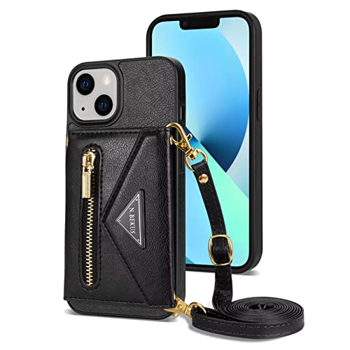 Jeelar ESONG Hülle für iPhone 14,Shockproof Wallet Case Cover mit Kickstand,Card Holder[Crossbody Vollständige Schutzhülle][Leder Schlüsselbandtaschen][Mädchen Handytasche],schwarz von Jeelar