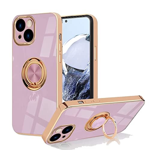 Jeelar ESONG Handyhülle für iPhone 14 Plus,Ultra Dünn Stoßfest TPU Galvanisierrahmen Schutzhülle mit Magnetisch Ring Ständer,Stilvoll Spiegel Shiny Case Cover für Damen-Violett von Jeelar