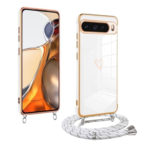 Jeelar ESONG Handykette hülle für Google Pixel 9/9 Pro mit Band,Ultra Dünn Herz Love Motiv Galvanik TPU Silikon Stoßfeste Case,Frauen Mädchen Schutzhülle mit Kordel zum Umhängen Weiss von Jeelar