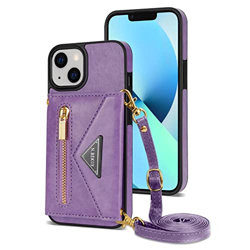 Jeelar ESONG Hülle für iPhone 14,Shockproof Wallet Case Cover mit Kickstand,Card Holder[Crossbody Vollständige Schutzhülle][Leder Schlüsselbandhülle][Mädchen Handytasche],Lila von Jeelar