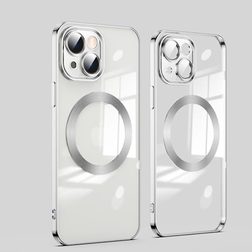 Jeelar ESONG Magnetische Silikonhülle für iPhone 15,Stoßfeste Schutzhülle Kratzfeste Transparent Case Dünne Handyhülle Cover mit Magsafe/Kameraobjektivschutz[Kabellosem Laden/Niemals Gelb]-Silber von Jeelar