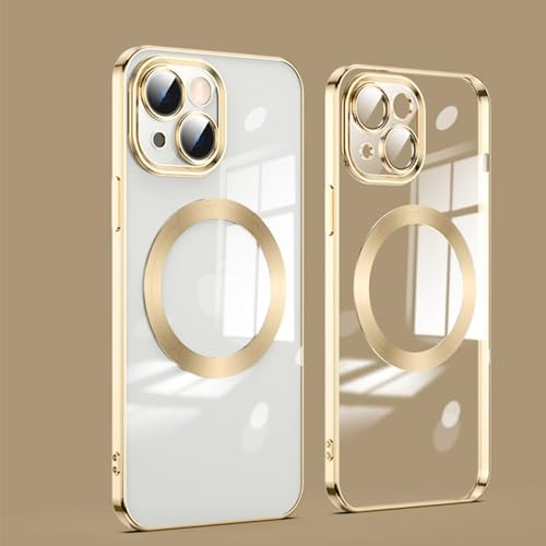 Jeelar ESONG Magnetische Silikonhülle für iPhone 15,Stoßfeste Schutzhülle Kratzfeste Transparent Case Dünne Handyhülle Cover mit Magsafe/Kameraobjektivschutz[Kabellosem Laden/Niemals Gelb]-Gold von Jeelar