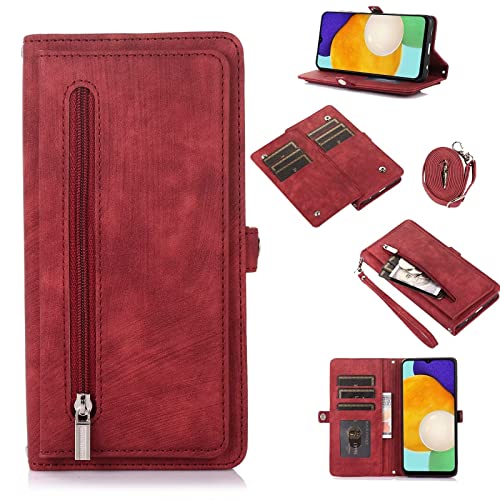 Jeelar ESONG Schutzhülle für Samsung Galaxy A13 4G/5G,Premium Leder Handytasche Magnetic Klapphülle Case,Flip Brieftasche Stoßfeste Handyhülle mit 9 Kartenfächern,Stand Funktion,Schultergurt rot von Jeelar