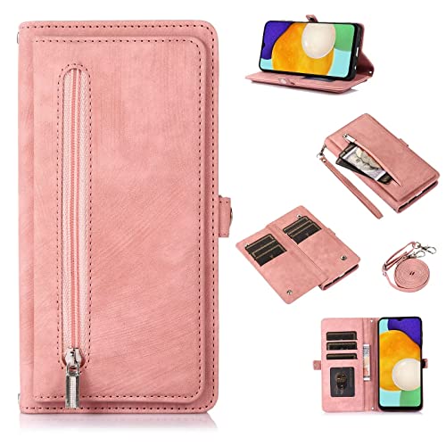 Jeelar ESONG Schutzhülle für Samsung Galaxy S21 FE,Premium Leder Handytasche Magnetic Klapphülle Case,Flip Brieftasche Stoßfeste Handyhülle mit[9 Kartenfächern][Stand-Funktion][Schultergurt],rosa von Jeelar