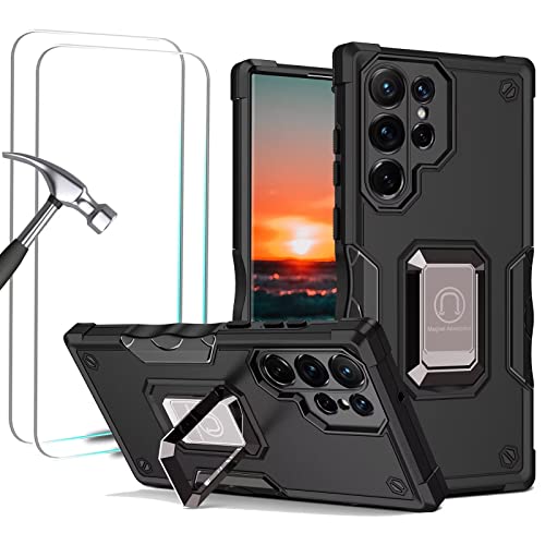 Jeelar ESONG Handyhülle für Samsung Galaxy S22 Ultra 5G,Militär Handy Hülle Stoßfeste Cover Case mit Magnetische Autohalterung/2 Panzerglas Schutzfolie,Ständer Schutzhülle,Schwarz von Jeelar