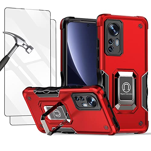 Jeelar Handyhülle für Xiaomi 12/12X,PC+TPU Militär Handy Hülle Stoßfeste Cover Case mit Ständer/Kameraschutz/Magnetische Autohalterung,Schutzhülle mit 2 Gehärtetes Glas Bildschirmschutz,Rot von Jeelar