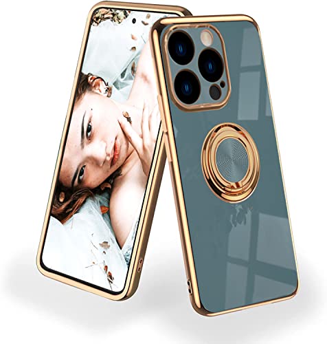 NEINEI Hülle für iPhone 14 Pro (6.1”),Überzug Silikon Ultra Dünn Kratzfeste Handyhülle mit Magnetisch Ring Ständer,Stilvoll Spiegel Shiny Stoßfeste Schutzhülle Case Cover,Grau von Jeelar