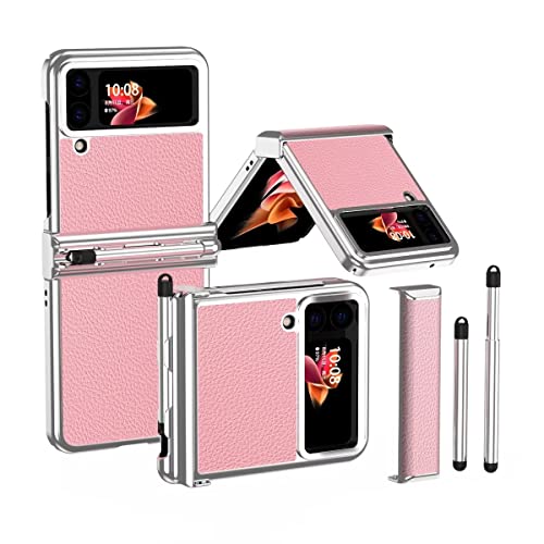 Jeelar Samsung Galaxy Z Flip 4 Hülle,Silikon Stift + Scharnierschutz All-Inclusive-Hülle,Premium Leder case mit Stift berühren/Stifthalter,zusammenklappbare Handyhülle für Samsung Z Flip 4-Rosa von Jeelar