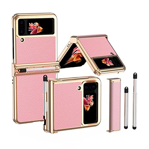 Jeelar Samsung Galaxy Z Flip 4 Hülle,Silikon Stift + Scharnierschutz All-Inclusive-Hülle,Premium Leder case mit Stift berühren/Stifthalter,zusammenklappbare Handyhülle für Samsung Z Flip 4-Rosa Gold von Jeelar