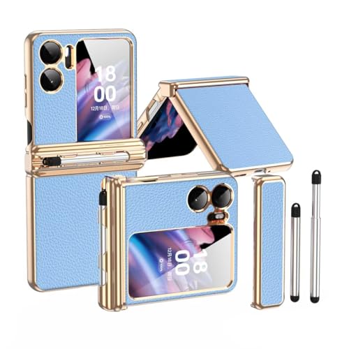 Jeelar für Oppo Find N2 Flip Hülle,Silikon Stift + Scharnierschutz All-Inclusive-Hülle,Premium Leder case mit Stift berühren/Stifthalter,zusammenklappbare Handyhülle für Find N2 Flip-Blaues Gold von Jeelar