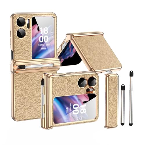 Jeelar für Oppo Find N2 Flip Hülle,Silikon Stift + Scharnierschutz All-Inclusive-Hülle,Premium Leder case mit Stift berühren/Stifthalter,zusammenklappbare Handyhülle für Find N2 Flip-Gold von Jeelar