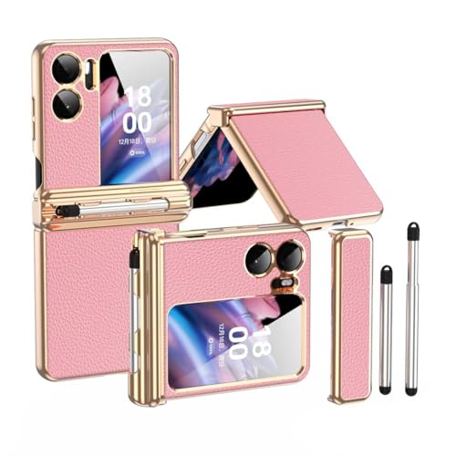 Jeelar für Oppo Find N2 Flip Hülle,Silikon Stift + Scharnierschutz All-Inclusive-Hülle,Premium Leder case mit Stift berühren/Stifthalter,zusammenklappbare Handyhülle für Find N2 Flip-Rosa Gold von Jeelar