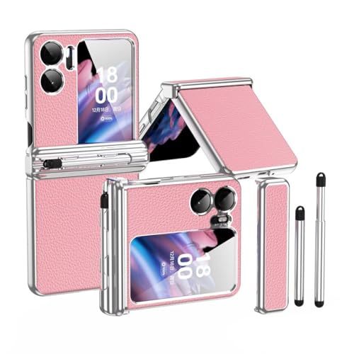 Jeelar für Oppo Find N2 Flip Hülle,Silikon Stift + Scharnierschutz All-Inclusive-Hülle,Premium Leder case mit Stift berühren/Stifthalter,zusammenklappbare Handyhülle für Find N2 Flip-Rosa von Jeelar