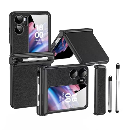 Jeelar für Oppo Find N2 Flip Hülle,Silikon Stift + Scharnierschutz All-Inclusive-Hülle,Premium Leder case mit Stift berühren/Stifthalter,zusammenklappbare Handyhülle für Find N2 Flip-Schwarz von Jeelar