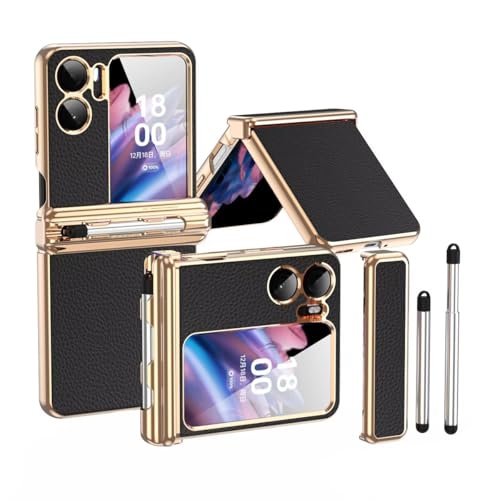 Jeelar für Oppo Find N2 Flip Hülle,Silikon Stift + Scharnierschutz All-Inclusive-Hülle,Premium Leder case mit Stift berühren/Stifthalter,zusammenklappbare Handyhülle für Find N2 Flip-Schwarzes Gold von Jeelar