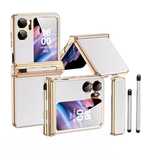 Jeelar für Oppo Find N2 Flip Hülle,Silikon Stift + Scharnierschutz All-Inclusive-Hülle,Premium Leder case mit Stift berühren/Stifthalter,zusammenklappbare Handyhülle für Find N2 Flip-Weißes Gold von Jeelar