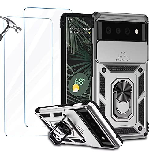 NEINEI Handyhülle für Google Pixel 6a 5G Hülle + 2 Gehärtetes Glas,Militärqualität Stoßfeste Schutzhülle mit [Kameraschutz][Ständer],Outdoor Kratzfeste Case Cover,Silber von Jeelar