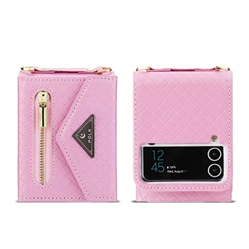 NEINEI Handyhülle für Samsung Galaxy Z Flip4 5G Hülle,Premium PU Leder Schutzhülle mit [Kartenfach][Rucksack Gurt],Frau Mode Geprägtes Muster Stoßfest Klapphülle Tasche Case,Rosa von Jeelar