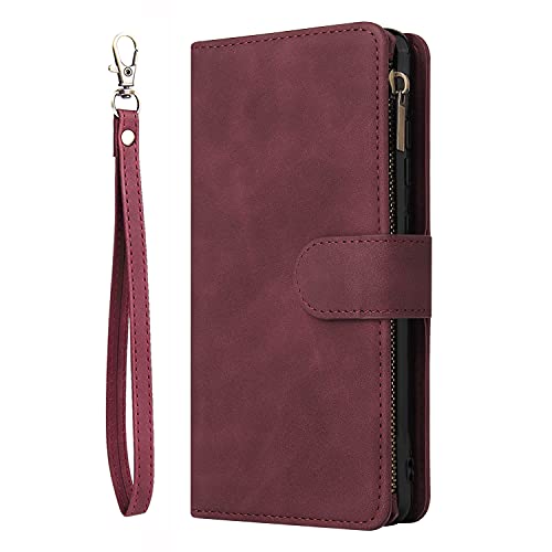 NEINEI Handyhülle für Xiaomi Redmi Note 9 Pro/9S Hülle,PU Leder Klapphülle Tasche mit [Standfunktion] [Kartenfach] [Magnetisch],Reißverschluss Design Schutzhülle Cover Case,Rot von Jeelar