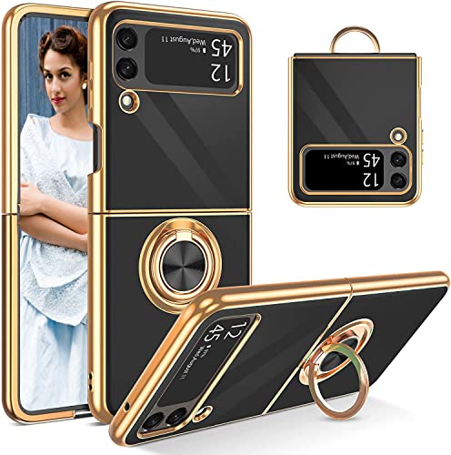 NEINEI Hülle für Samsung Galaxy Z Flip4 5G,Überzug PC Ultra Dünn Kratzfeste Handyhülle mit Magnetisch Ring Ständer,Stilvoll Spiegel Shiny Stoßfeste Schutzhülle Case Cover,Schwarz von Jeelar
