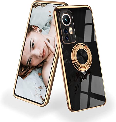 NEINEI Hülle für Xiaomi 12 Lite 5G,Überzug Silikon Ultra Dünn Kratzfeste Handyhülle mit Magnetisch Ring Ständer,Stilvoll Spiegel Shiny Stoßfeste Schutzhülle Case Cover,Schwarz von Jeelar