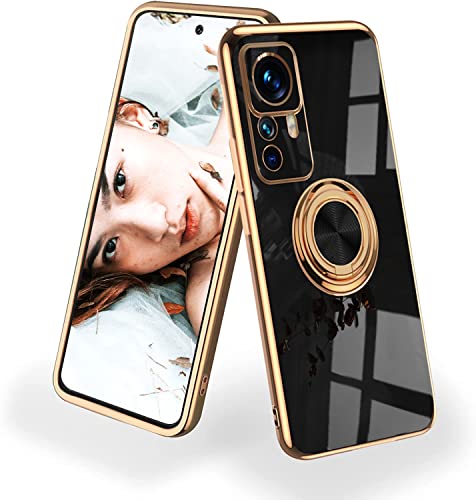 NEINEI Hülle für Xiaomi 12T Pro 5G,Überzug Silikon Ultra Dünn Kratzfeste Handyhülle mit Magnetisch Ring Ständer,Stilvoll Spiegel Shiny Stoßfeste Schutzhülle Case Cover,Schwarz von Jeelar