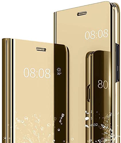 NEINEI Hülle für iPhone 14 (6.1”),Luxus Spiegel Flip Handyhülle mit Standfunktion,Transparent PC/PU Stoßfest Ledertasche Schutzhülle,Smart Clear View Case Cover,Gold von Jeelar