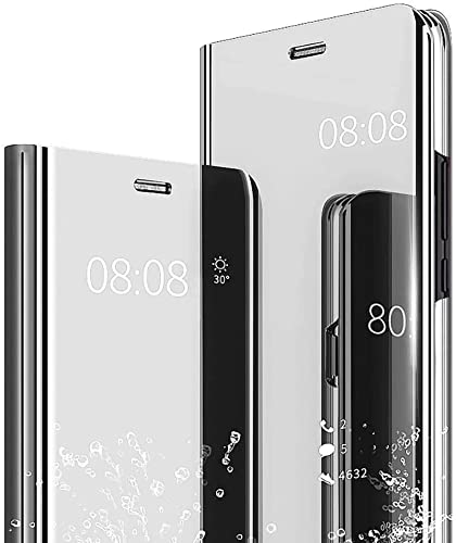 NEINEI Hülle für iPhone 14 Pro Max (6,7”),Luxus Spiegel Flip Handyhülle mit Standfunktion,Transparent PC/PU Stoßfest Ledertasche Schutzhülle,Smart Clear View Case Cover,Silber von Jeelar
