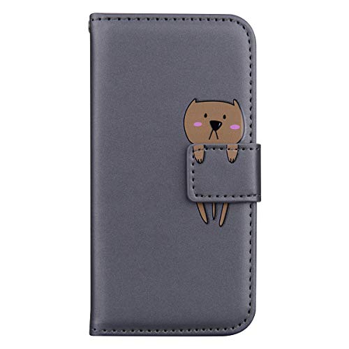 JEFFENE Handyhülle Tasche Book Cover für iPhone 14 (6.1 Zoll) Hülle Kunstleder Klappbar Flip Phone Case Brieftasche Huelle Etui mit Ständer,Grau Bär von Jeffene