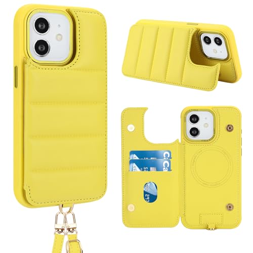 Jeffene Crossbody Klapphülle für iPhone 12/12 Pro(6,1 Zoll) mit RFID-Sperrung,Brieftasche Handyhülle mit Kartenfach,PU-Leder Klappbar Schutzhülle mit Ständer,Umhängeband+Schlüsselband,Gelb von Jeffene