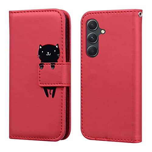 Jeffene Handyhülle Tasche Book Cover für Samsung Galaxy A15 (6.5 Zoll) Hülle Kunstleder Klappbar Flip Phone Case Brieftasche Huelle Etui mit Ständer, Wein Rot Katze von Jeffene